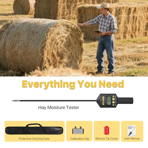 Hay Moisture Tester with 20" Probe, Moisture & Temperature Meter for Round and Square Hay Bales, Fast Backlit Readings, Calibration Clip Included, BlackGold - color: Blackgold