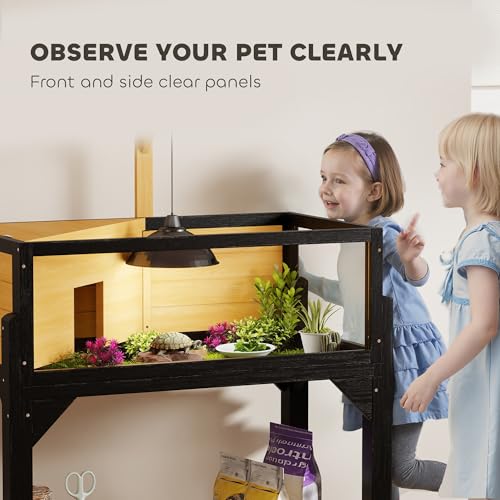 Reptile Enclosure with Storage Shelf, 35.4”H Tortoise Habitat with 2 Rooms & Lamp Holder, Indoor Wooden Cage for Bearded Dragon, Lizard, Snake - Black or Yellow - color: P-6