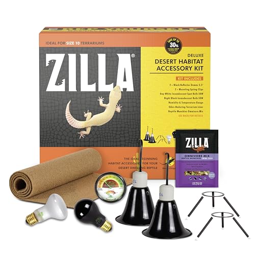 Zilla Desert Habitat Accessory Kit, Starter Kit for Reptiles, Easy Start for Desert-Dwelling Reptiles, Includes Lighting, Bedding and Food, Ideal for Size 10G Terrariums - size: Desert Accessory Kit, style: Desert Habitat
