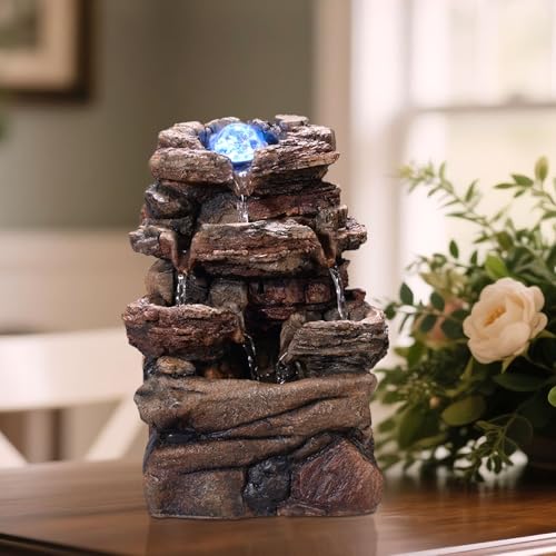 Tabletop Waterfall Fountain with Glass Ball and Color Changing LED – Indoor Decorative Waterfall for Home & Office, Resin Natural Imitation Design(23064)