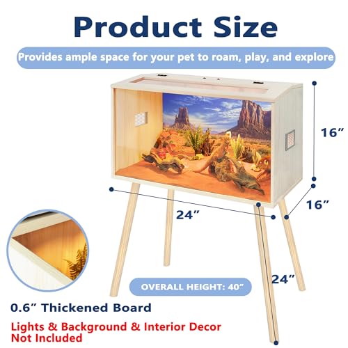 30 Gallon Reptile Tank, Tempered Glass Bearded Dragon Tank with Wooden Roof and Lockable Doors, Large Lizard Habitat with Built-in Lamp Fixture for Snakes, Iguanas, Chameleons (Oak) - color: Oak, size: 30 gallons,24x16x16 inch