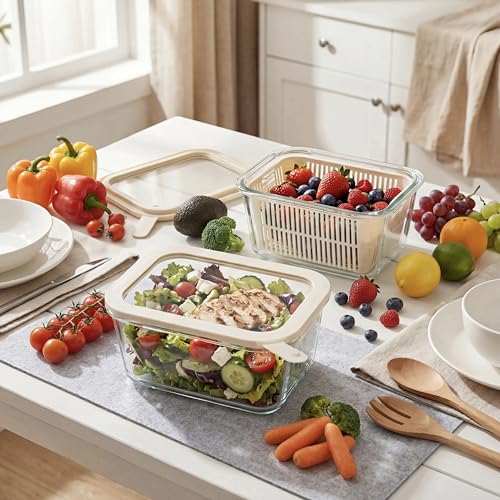 Glass Food Storage Containers with Glass Lids, Microwave Safe Food Container Set, Aitight Meal Prep Container Set, BPA Free, 2 extra Colanders, LeakProof, 2 Pack of 60oz - color: Ivory White- 2RT