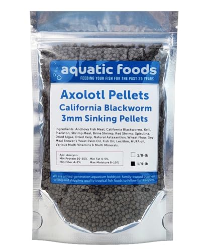 Axolotl Blackworm Pellets. 3mm-1/8 Sinking California Blackworm Medium Pellets for Medium/Large Axolotl, Shrimp, Salamanders, Frogs, Snails, Newts…1/4-lb Pouch Bag - size: 4 Ounce (Pack of 1)