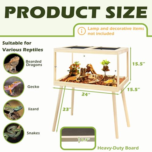 Bearded Dragon Tank with Legs, 30 Gallon Tempered Glass Lizard Tank, Reptile Enclosure with Metal Mesh and Lockable Door, Reptile Tank for Snakes,Chameleon (Oak, 24x15.5x15.5 Inch) - color: Oak, size: 30Gallons,24inch