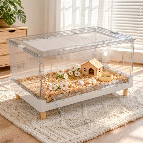 Hamster Cage Cozy Low Playhouse Hideout Castle Oasis | 470 Sq In roomy floor, bookshelf fit height, frosted privacy panel for tiny pets, rapid setup - size: 27.6"L x 17.0"W x 13.4"H