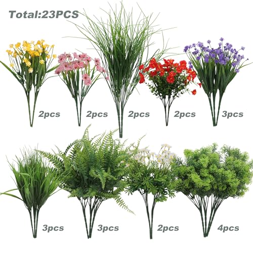 23PCS Artificial Plants Outdoor, Faux Flowers & Greenery Stems for Outside | UV Resistant Faux Outdoor plants, Artificial Flowers for Outdoors Garden Patio Porch, Window Box, Spring Summer Home Decor - color: Spring