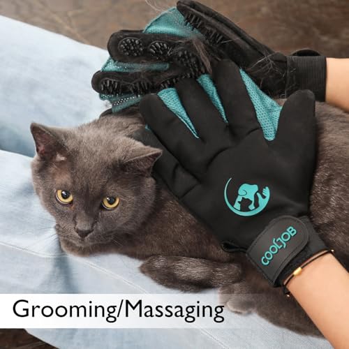 COOLJOB Patented Pet Grooming Gloves with Web, Reusable Washable Cleaning Brush Massage Hair Remover for Short Long Haired Dog Cat Horse Animal, Washing Bathing Shedding Supplies, Medium, Blue Black - size: Medium