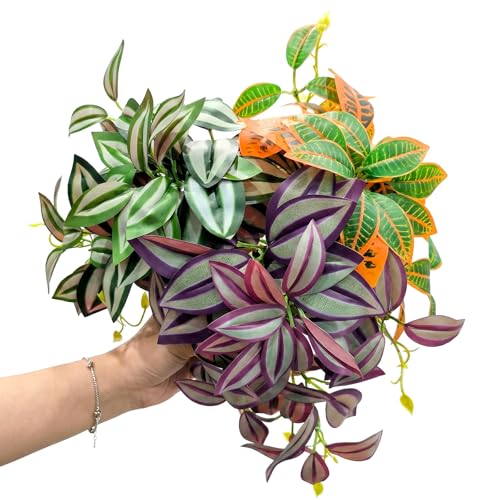 5 Pcs Reptile Plants & Habitat Decor Kit - 3 Artificial Hanging Plants & Large 3.3ft Jungle Vine Branch, Terrarium Tank Climbing Accessories for Crested Gecko, Bearded Dragon, Lizard, Snake, Chameleon - color: Zebrina,croton