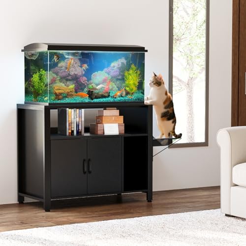 GDLF 40-50 Gallon Fish Tank Stand with Hidden Cat Litter Box Cabinet | Dual-purpose pet furniture combines aquarium support, hidden litter box storage, and a cat perch for a cleaner home setup