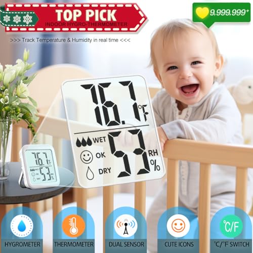 2 Pack Room Thermometer Indoor Hygrometer | Monitor Temperature & Humidity, Accurate, Fast Read, Easy To View, Magnetic/Kickstand/Hanging, ℉/℃, w/ Battery, Compact - color: 2 Pcs * Classic White ( 90%+ Choice for Home )