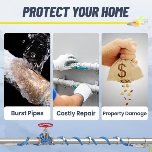 3ft Upgraded Dual Lights Heat Tape for Pipes with Thermostat | Power-Heating Dual Status, Self Regulating Heat Trace, Water Line Heating Cable for Metal & Plastic Pipes, 5W/ft - style: 3-feet