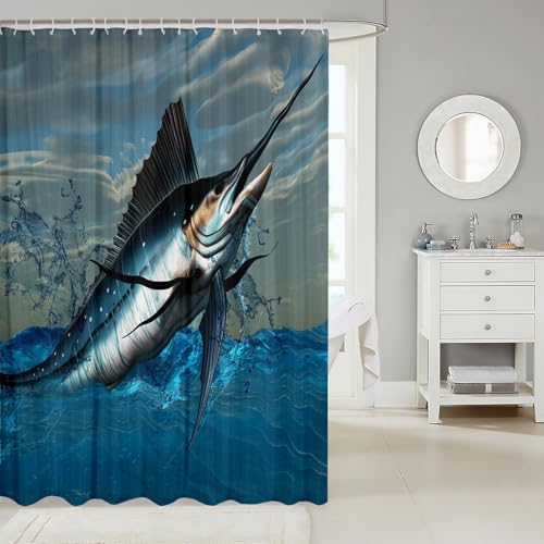 Teal Ocean Shower Curtain Marlin Swordfish Nautical Fishing Theme Bath Curtain Underwater Animal Coastal Waterproof Cloth Fabric Shower Curtains For Bathroom Bathtubs Decor With 12 Hooks 72" W x 72" L - color: Multi 10, size: 72"W x 72"L (Pack of 1)