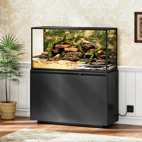 HOOBRO 55-75 Gal Reptile Tank Stand with Power Outlets, Wooden Fish Tank Stand with Cabinet Storage for Living Room, Heavy Duty Terrarium Enclosure for Snakes, Lizards, Geckos, Black BK11UAC03