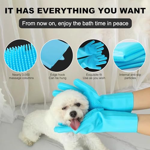 Pet Grooming Gloves, Heat Resistant Silicone Gloves,Silicone Hair Removal Mitt for Dogs and Cats,Cat Bathing Gloves ,Cat and Dog Massage Products, Blue。