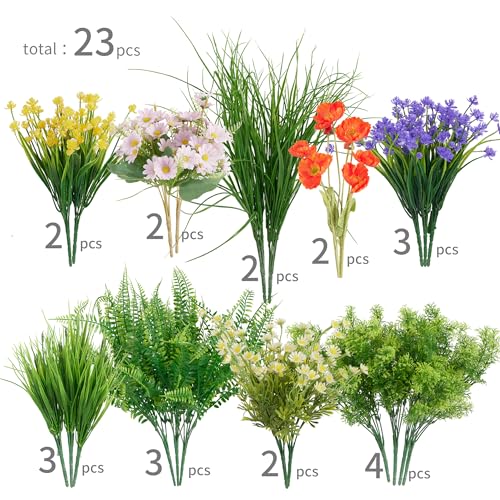 23Pcs Outdoor Artificial Boxwood UV Resistant Fake Stems Plants, Faux Plastic Greenery for Indoor Outside Hanging Plants Garden Porch Window Box Home Wedding Farmhouse Décor - color: Spring