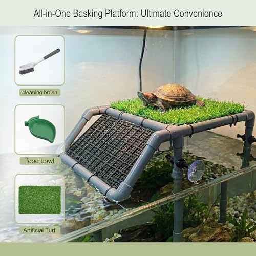 Standing Turtle Basking Platform, 10.8" Wide for Aquarium | Adjustable Height 5.9-14.5", Fits 20-55 Gal, Screw-Fixed Suction Cups, Grass Mat, Feeding Bowl & Brush, - size: 10.8'' W