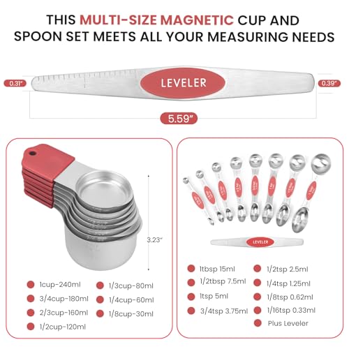 HOUJIP Magnetic Measuring Cups and Spoons Set-304 Stainless Steel,Red | Double Measurement Markings,BPA-Free,Set of 16 with Leveler for Measuring Dry and Liquid Ingredients - color: Red