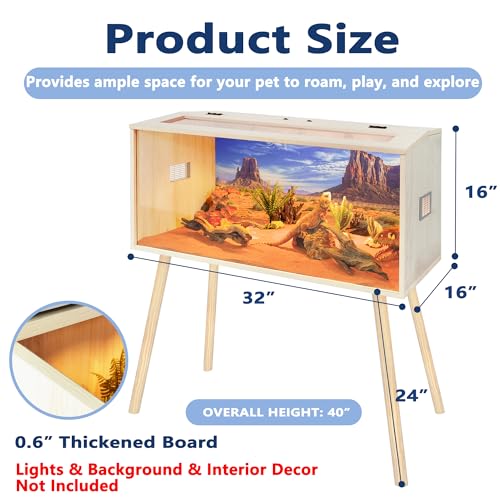 36 Gallon Reptile Tank, Tempered Glass Bearded Dragon Tank with Wooden Roof and Lockable Doors, Large Lizard Habitat with Built-in Lamp Fixture for Snakes, Iguanas, Chameleons (Oak) - color: Oak, size: 36 gallons,32x16x16 inch