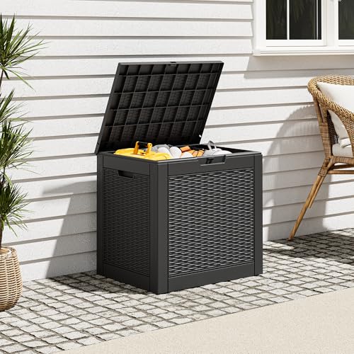 Outdoor Storage Box, Resin Deck Boxes Indoor and outdoor, Waterproof Storage Box Lockable Lid (Black,32 Gallon) - color: Rattan Black, style: 32 Gallon