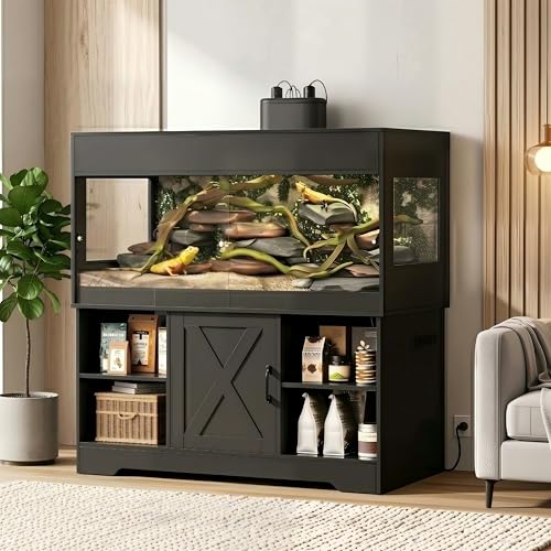 120 Gallon Reptile Tank with Stand,4x2x2 Reptile Enclosure | Snake Enclosure with Outlets,Cabinet,Sliding Door,Reptile Terrarium Bearded Dragon Tank for Lizards,Geckos Black CAGE008B