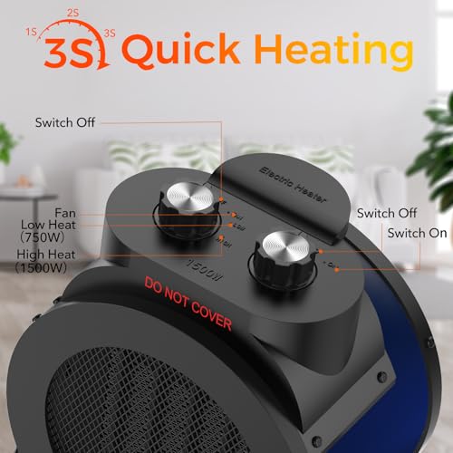 Elevoke Space Heaters for Indoor Use, 1500W PTC Electric Heater with 90°Adjustable Angle, Fast Safety Heat, Small Portable Heater for Office Home (Blue) - color: Blue