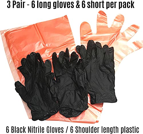 Deer Gutting Gloves Field Dressing Gloves with Long and Short Gut Glove Combo Pack (Black/Orange, 3 Pack (6 Pairs))
