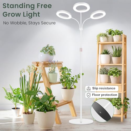 LBW 3-Head Grow Light with Stand for Indoor Plants, Full Spectrum Grow Light for Tall Large Plants, Adjustable Height up to 68", Auto Cycle Timer 6/8/12/16H, 5-Level Dimming, 3 Lighting Modes,White - size: 3 Head 6.3" White