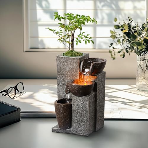 Resin Tabletop Waterfall Fountain with LED Light & Plant Pot, Indoor Desk Water Fountains for Home Office Decor (22028N)