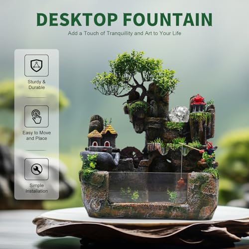 Waterfall Fountain, Desktop Fish Tank Fountain with Atomizer, Fisherman and Colorful LED Lights, for Living Room, Bedroom, Yoga Room, Office, Study, Meditation Room - size: D