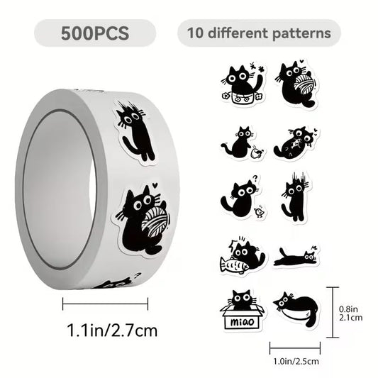 1roll/500pcs Cute Black Kitten Cartoon Roll Stickers, DIY Handbook Card Decoration Skateboarding Mobile Phone Case Stickers - color: Colorful 46
