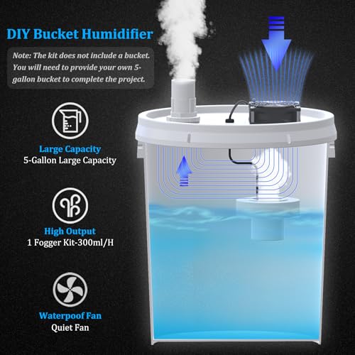 19L Large DIY Humidifier Kit for Plants & Mushrooms (1-Fogger, Normal Mist) | Ideal for Grow Tent, Greenhouse, Terrarium | Turns a 5 Gallon Bucket into Cool Mist Humidifier, Extendable Hose, Long Runtime - size: 1-Fogger