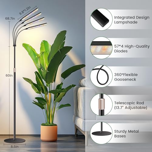 Kullsinss Grow Lights for Indoor Plants with Stand, 4-Heads Full Specturm Plant Grow Light with 4/8/12/16H Timer, 3 Color Modes, 360° Flexible Gooseneck, 24-68.7in Hight Adjustable Grow Lamp, Black - color: 4 Heads (Black)