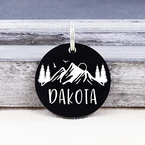 Stainless Steel Pet ID Tag Dog Name Tags Personalized Front and Back Engraving, Customized Dog Tags and Cat Tags, Optional Engraved on Both Sides, Round Tag w/Mountain on Top Design, Small - color: Black-round-mountain1, size: Small