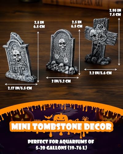 Uniclife 3 Pcs Halloween Miniature Tombstones Decorations, Halloween Fish Tank Decor, Resin Mini Tombstones Figurines, RIP Cross Skull Graveyard Gravestones, Small Spooky Town Village Accessories - color: 3 Pcs Tombstones