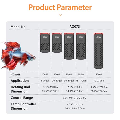 AQQA Aquarium Heater 100W for 8-20 Gal Fish Tank Heater PTC Betta Fish Heater Submersible Turtle Tank Heater with External Digital Controller (100W for 8-20Gal) - size: 100W for 8-20Gal