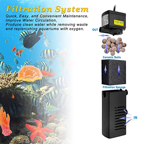 100GPH 5W Internal Aquarium Filter with Aeration System Power Filter for 5 to 15 Gallons Fish Tank, Submersible Fish Tank Filter