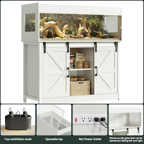 Herture 60 Gallon Reptile Terrarium with Stand,Reptile Enclosure | Terrarium Enclosure with Doors,Cabinet with Barn Door,Mesh Lid,Outlet – Vivarium Habitat for Medium Reptiles White PX05RTW - color: White, size: 60 Gallon