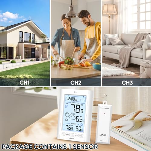 Indoor Outdoor Thermometer Hygrometer Wireless Weather Station - Inside Outside Thermometers Hygrometer Monitor with 330ft Remote Sensor, Battery Powered, Backlight Display (White) - color: White