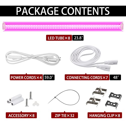 Grow Light for Plants, T8, 2FT, 24W, Full Spectrum, 8 Pack, Linkable | Indoor Grow Light with Reflector, 8x24W High PPFD, Full Spectrum Pink Light , Linkable, Aluminum for Seedlings & Succulents