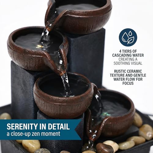Water Fountain-Tabletop Water Fountain-Indoor Waterfall-Desk Fountain with Zen Decor Natural River Rocks, Calming Waterfall Sounds for Feng Shui Meditation-Cascading LED Color Lighting