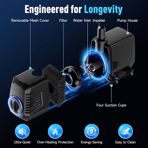 200GPH Submersible Water Pump, Water Fountain (700L/H, 12W) with 5.9FT High Lift Adjustable & 3 Nozzles & 9.8FT Cord, Ultra Quiet Aquarium Pump for Pond Fountain Waterfall Hydroponics-Q102 - size: 200GPH
