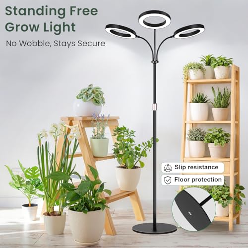 LBW 3-Head Grow Light with Stand for Indoor Plants, Full Spectrum Grow Light for Tall Large Plants, Adjustable Height up to 68", Auto Cycle Timer 6/8/12/16H, 5-Level Dimming, 3 Lighting Modes, Black - size: 3 Head 6.3" Black