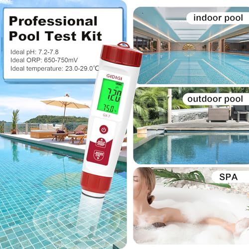 pH Meter Chlorine Tester Digital 7 in 1 Pool Water Tester Kit | Salinity Tester for Saltwater Aquarium, ORP Meter for Hydroponics Drinking Water, Pool Water Tester,pH Chlorine for Pool Spa