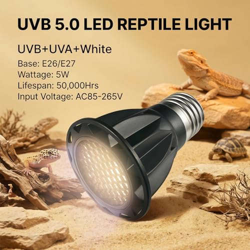 Premium 5.0 UVB LED Reptile Light 5W High-Intensity Bulb for Desert-Dwelling Reptiles, Bearded Dragons & Tortoises E26 UVB+UVA+White Lamp for Calcium Metabolism & D3 Synthesis - color: E26