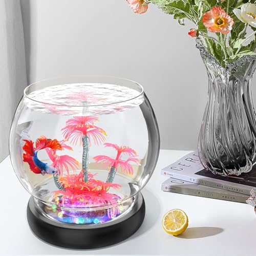 hygger 0.5 Gallon/1 Gallon Glass Fish Bowl with LED Light and Decor, Small Round Betta Fish Tank Goldfish Bowl, Round Clear Unbreakable Aquarium/Vase/Hydroponic Plant Terrarium, Nice Centerpieces - size: 1 Gallon Fish Bowl with Tree