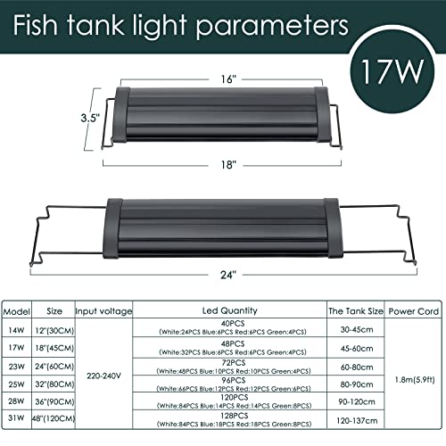 AQQA Aquarium Light,Full Spectrum LED Fish Tank Lights | 12"-54" Adjustable Multi-Color White Blue Red Green LEDs with Extendable Brackets,14W-31W for Freshwater Plants 17W (18"-24") - size: 17W (18"-24")