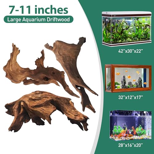 WDEFUN 3 PCS Natural Driftwood for Aquarium Decor, 7-11" Assorted Branches for Fish Tank & Reptile Terrarium, Fast Sinking Wood for Aquascaping, Safe for Betta, Shrimp & Snails - size: Mopani driftwood (7-11 inch pack of 3)