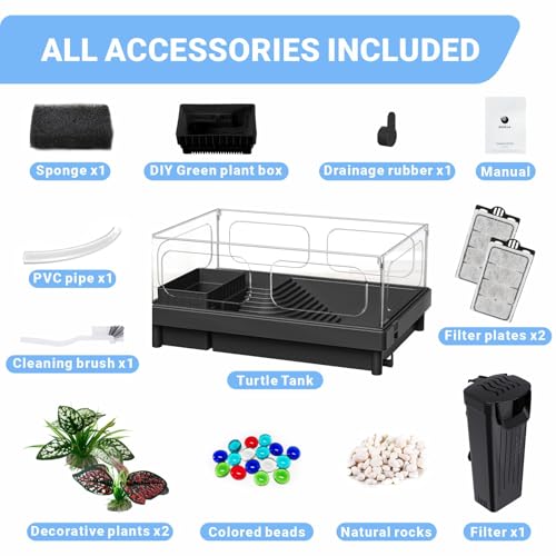 GOZILLA Small Turtle Tank with Filter, Acrylic Aquarium Turtle Tank Starter Kit with Multi-Functional Areas for Turtles, Hermit Crabs, Crayfish, Small Reptiles. (Black)