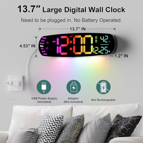 Digital Wall Clock,14.4 Inch Large Display | Auto Dimming, Temperature and Date, Remote Control, Night Light, DST, Alarm, Wall Cock for Bedroom/Classroom/Gym/Seniors - color: Colorful