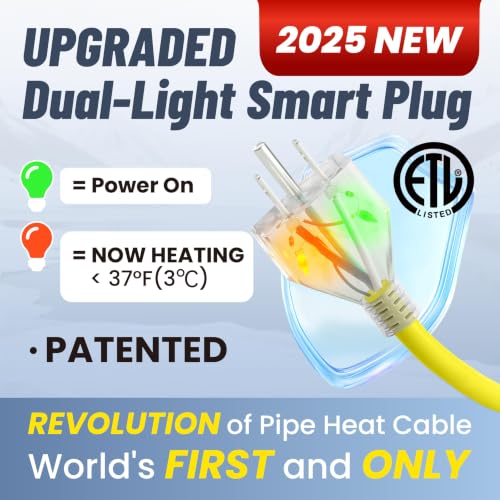 100ft Upgraded Dual Lights Heat Tape for Pipes with Thermostat | Power-Heating Dual Status, Self Regulating Heat Trace, Water Line Heating Cable for Metal & Plastic Pipes, 5W/ft - style: 100-feet